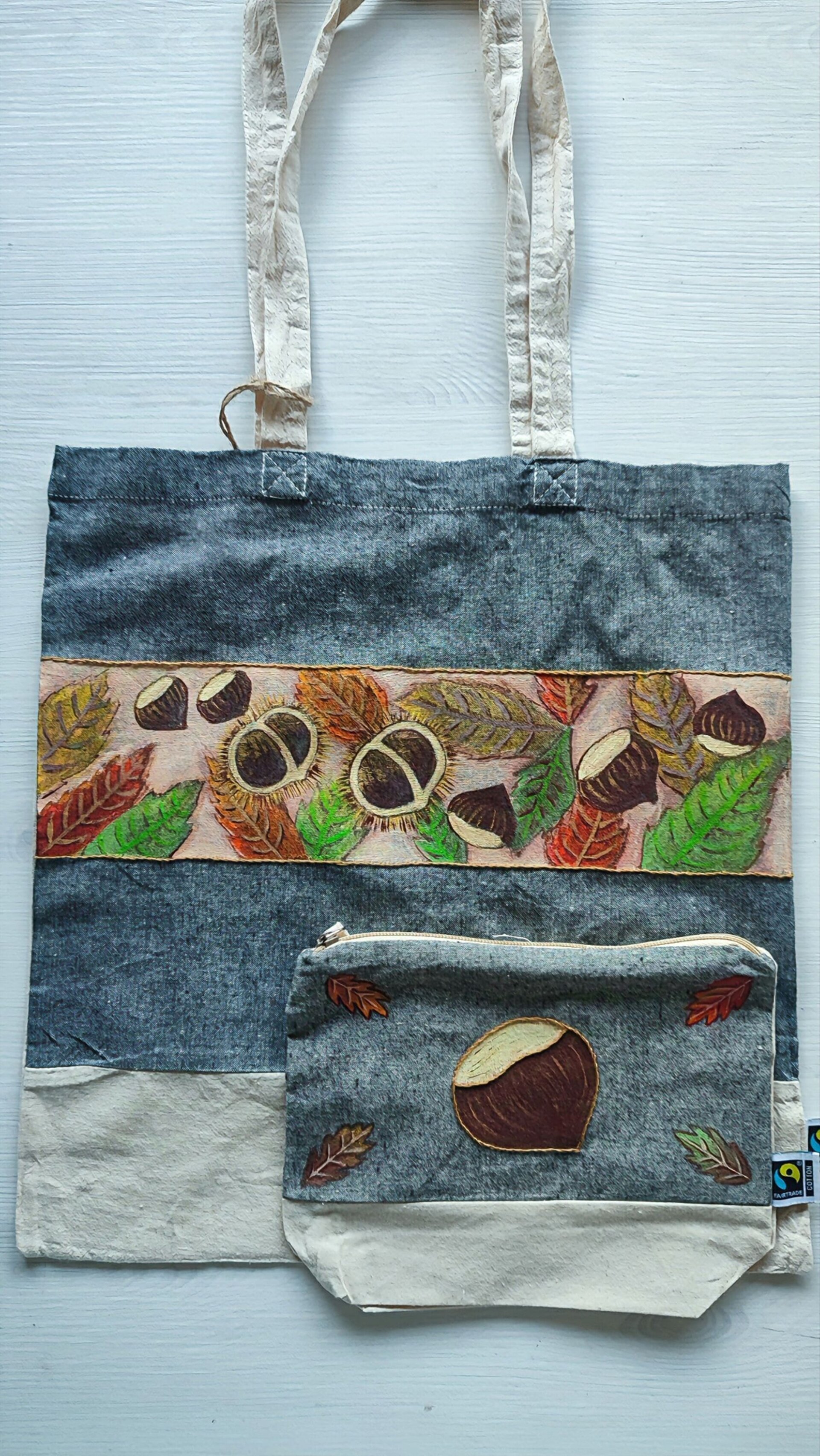 Set de bolso tote y neceser con diseño otoñal de castañas y hojas, pintado y bor - 1