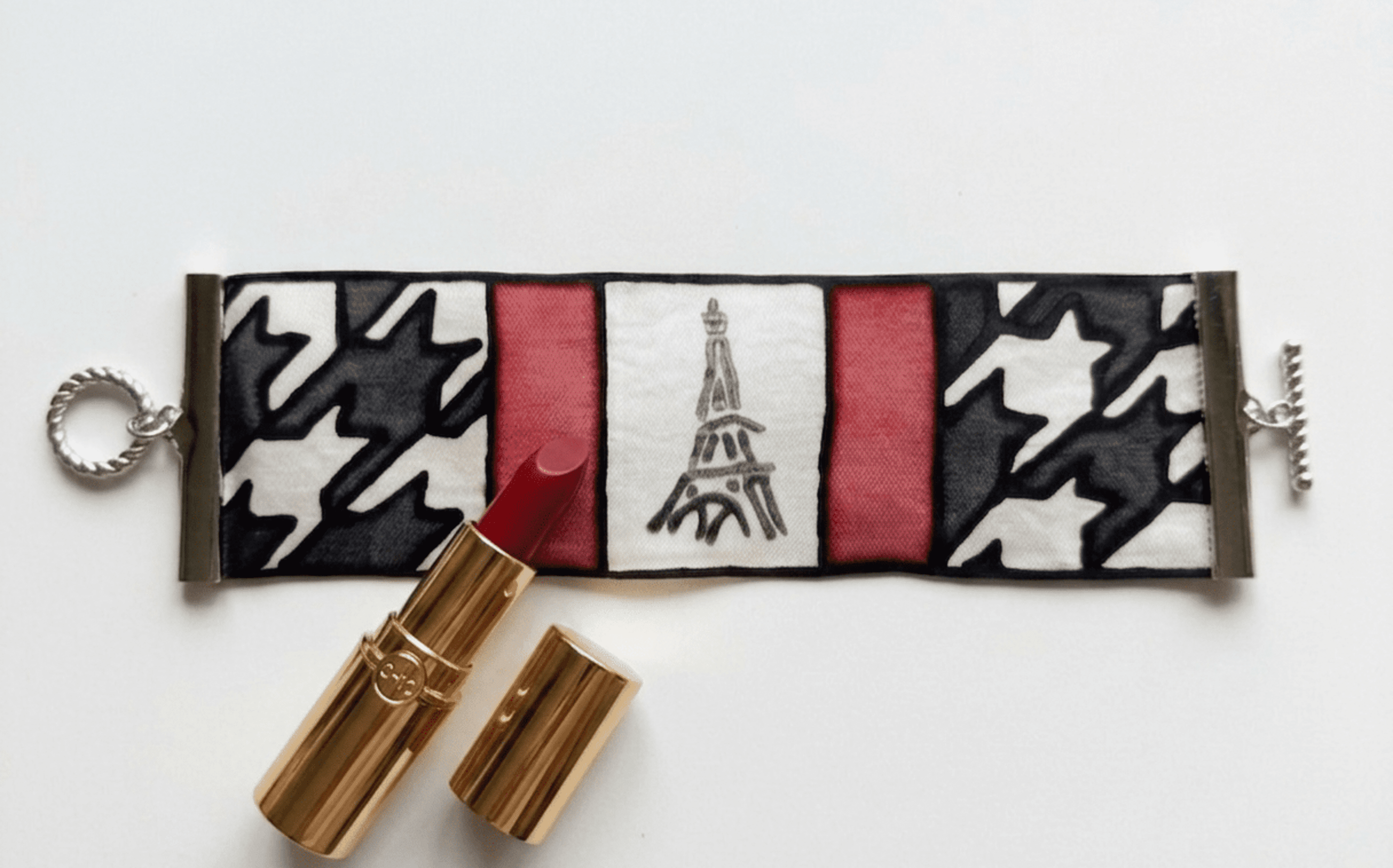 Pulsera de Seda Pintado a Mano - Diseño París y Pata de Gallo - 2