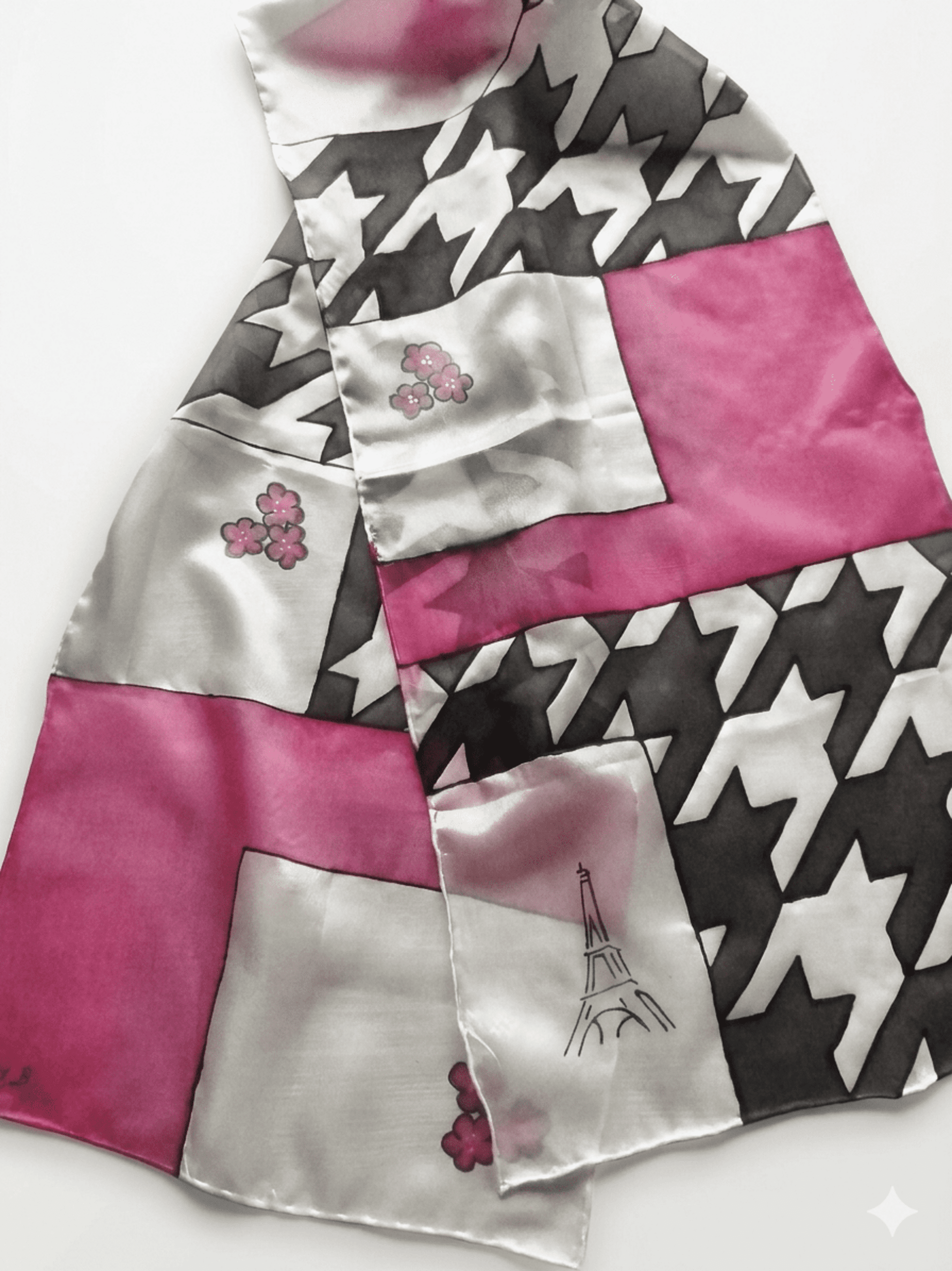 Pañuelo de Seda Natural "París Chic" – Pata de Gallo y Fucsia - 4