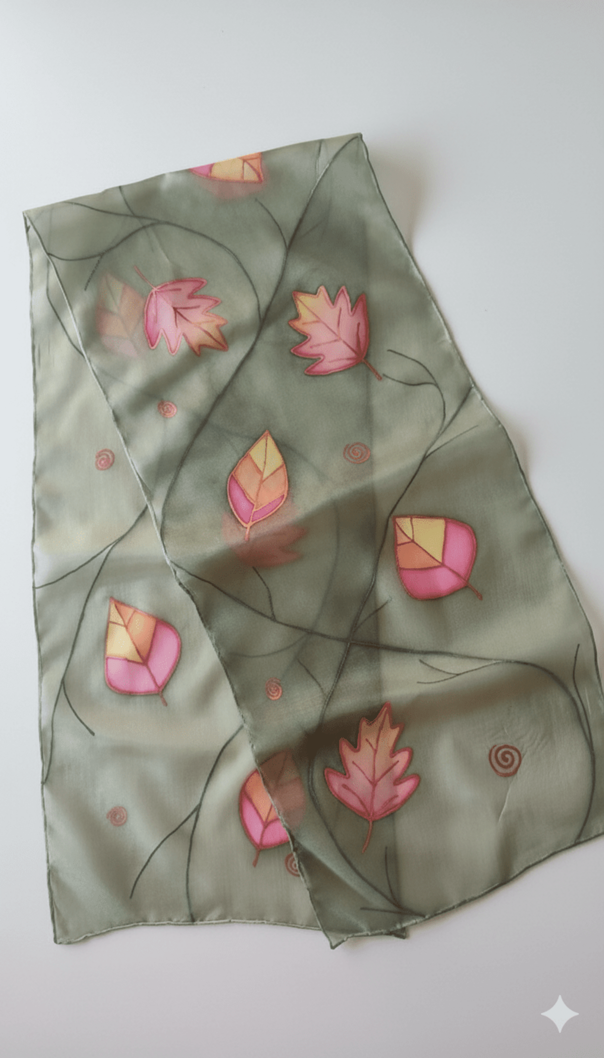 Pañuelo de seda pintado a mano con hojas otoñales en tonos verdes y rosados - 3