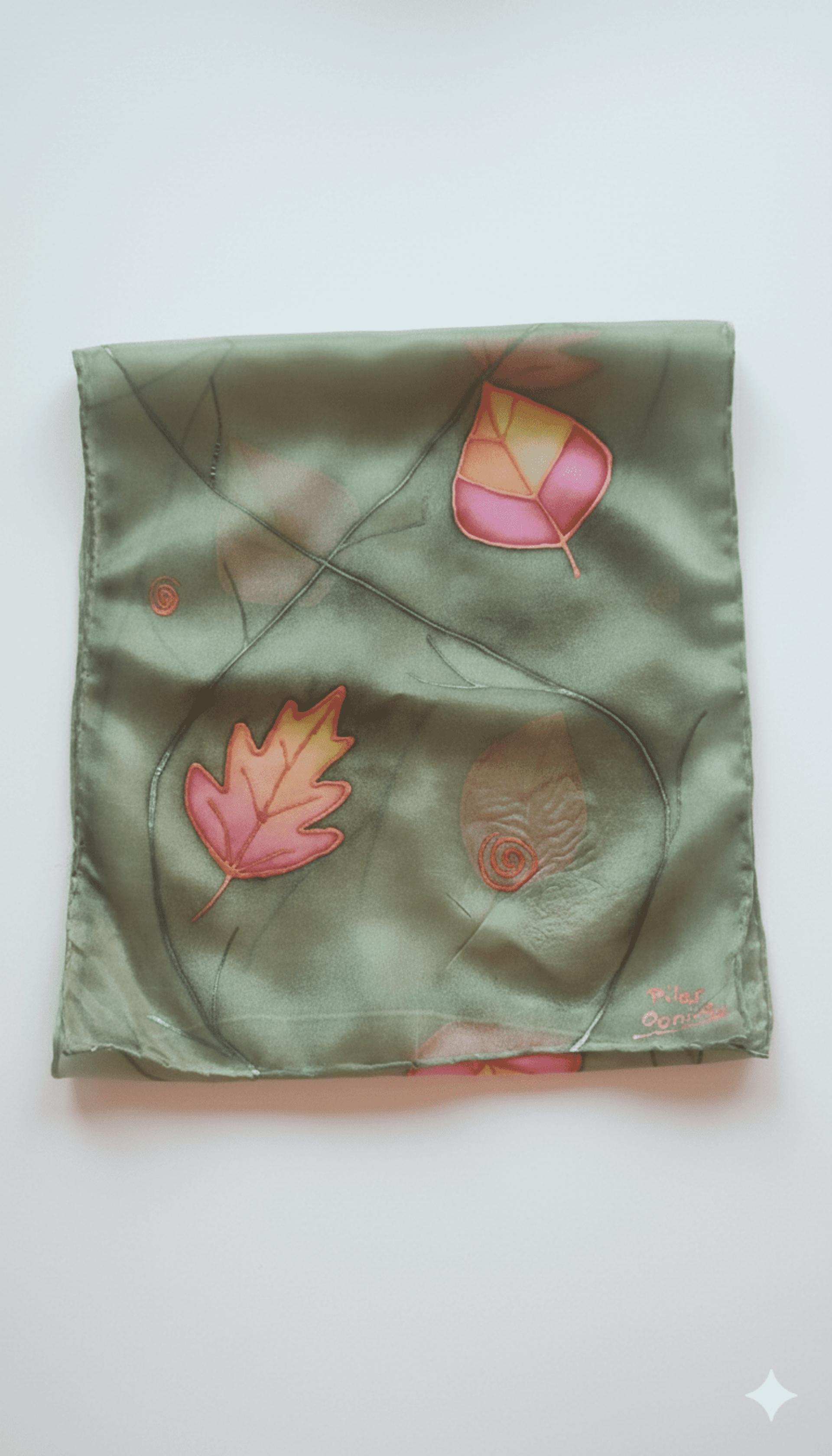 Pañuelo de seda pintado a mano con hojas otoñales en tonos verdes y rosados - 5