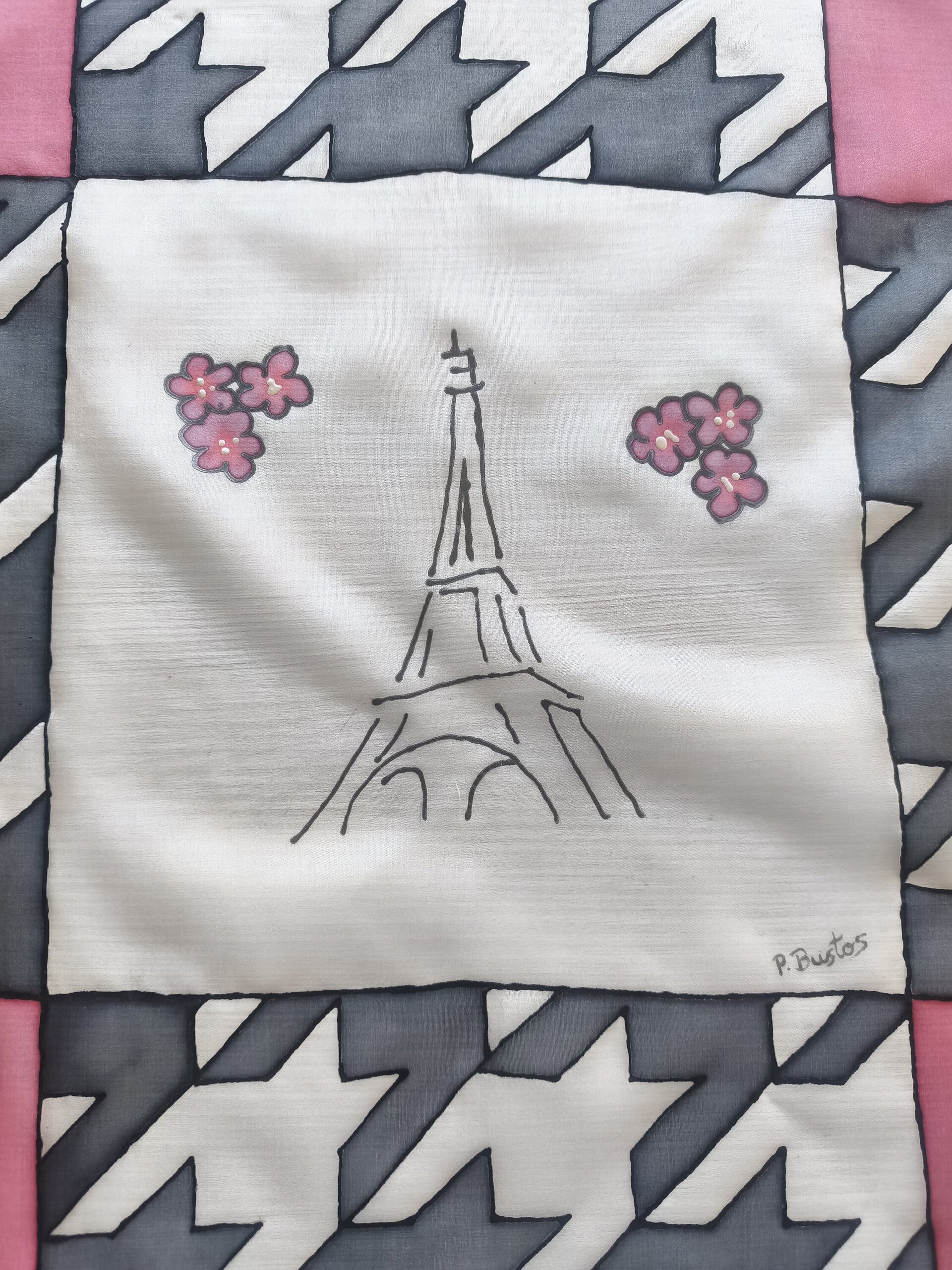 Pañuelo o brazalete de Seda Natural Pintado a Mano - Diseño París - 6